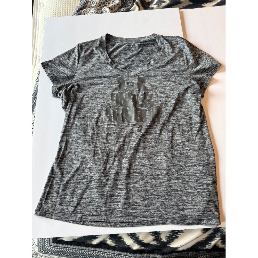 Under Armour Womens Gray Heather V-Neck Graphic Logo Athletic T-Shirt XL